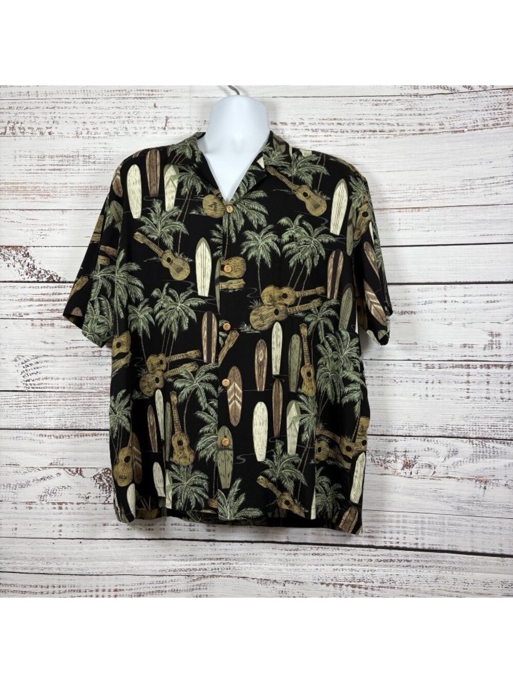 Diamond Head Sportswear Black Surfboard Ukulele Hawaiian Shirt